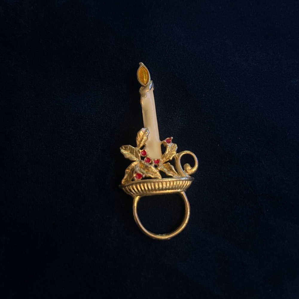 Vintage Gold Candle Brooch with Red Accents with loop for scarf